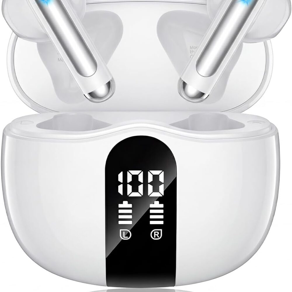 XIAOWTEK Wireless Earbuds, 2026 Bluetooth 5.4 Headphones Bass Stereo Ear Buds with Noise Cancelling Mic, LED Display in Ear Earphones 50H Playtime Ear Buds, IP7 Waterproof for Laptop Pad Phones White