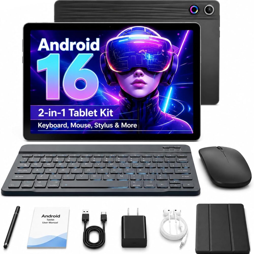 Jeazans Android 16 Tablet 10.1 Inch, 2-in-1 Tablet Bundle with Keyboard, Wireless Mouse, Stylus, Leather Case, Dual Camera, 64GB Storage+1TB Expansion, Portable Laptop for Students & Business
